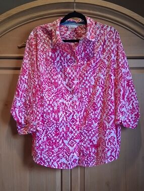 Allison Daley Pink and White Patterned Button-Front Top